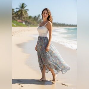 As U Wish dress, white bodice, blue skirt. Med